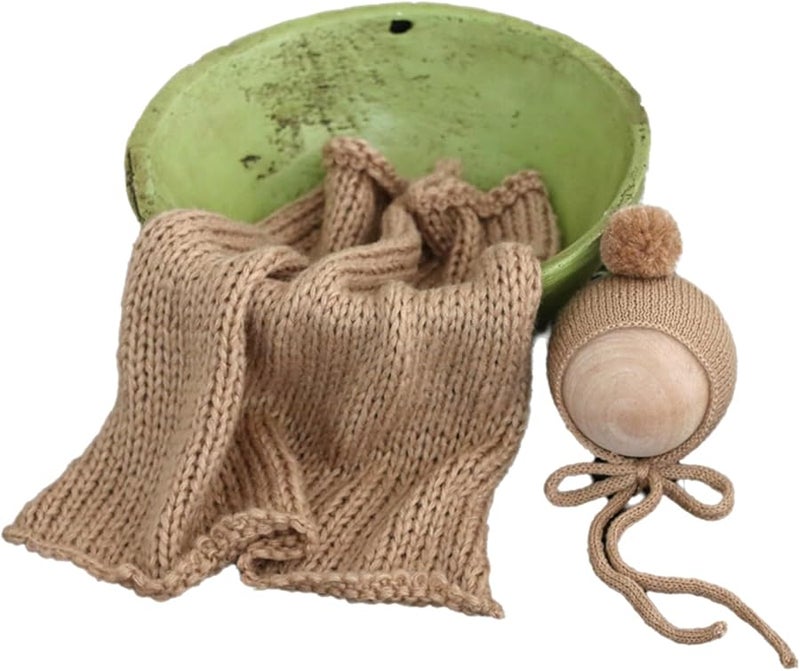 Camel Baby Photography Outfit Set 2PCS Turban Hat Wrap Basket Rug Newborn Photoshoot Props - Image 1